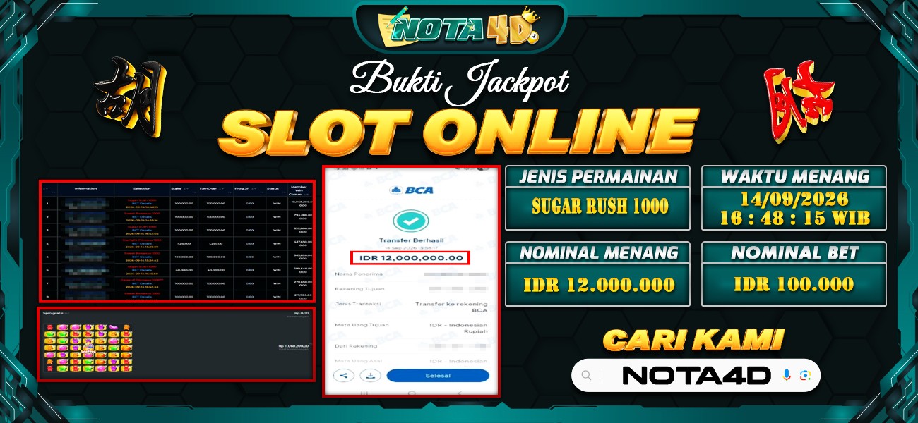 Bukti Kemenangan Besar Dibayar lunas Member NOTA4D RP 12.000.000, 14 September 2026