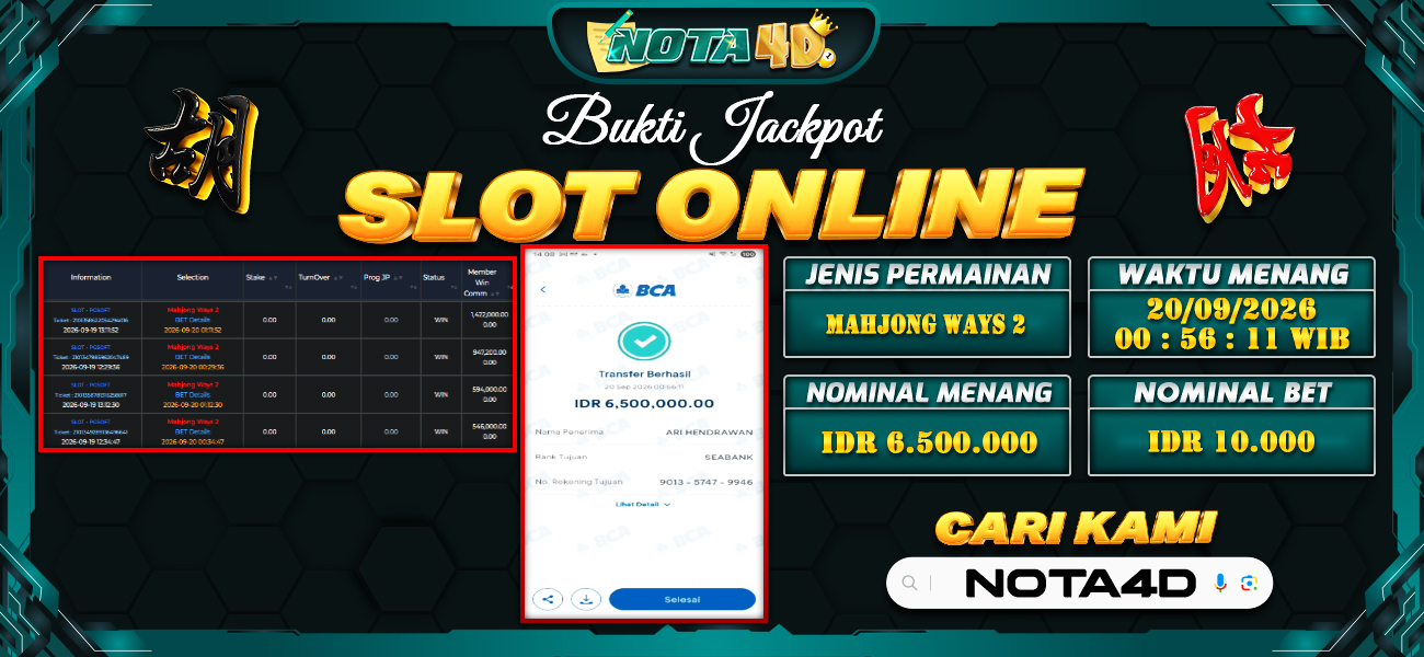Bukti Kemenangan Besar Dibayar lunas Member NOTA4D RP 6.500.000, 20 September 2026