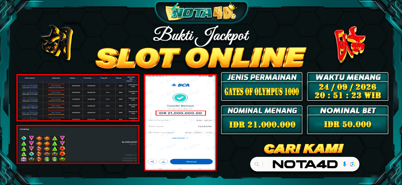 Bukti Kemenangan Besar Dibayar lunas Member NOTA4D RP 21.000.000, 24 September 2026