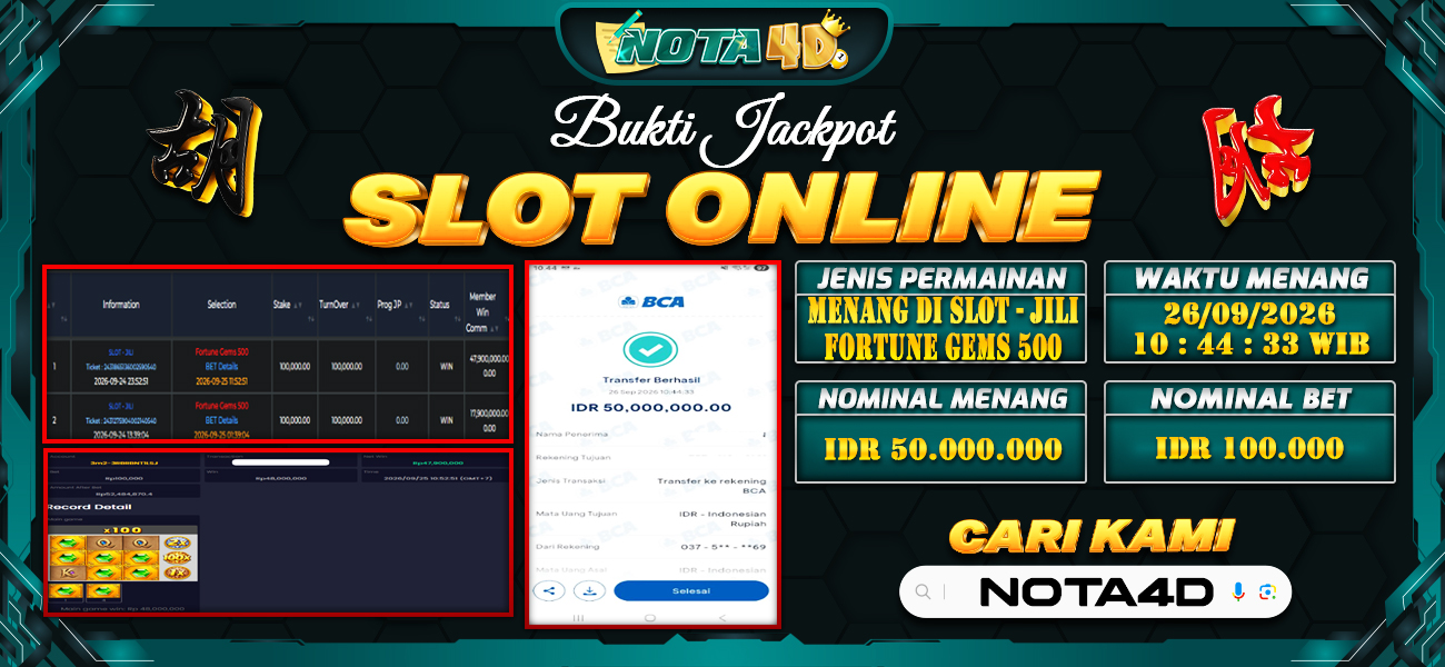 Bukti Kemenangan Besar Dibayar lunas Member NOTA4D RP 50.000.000, 26 September 2026