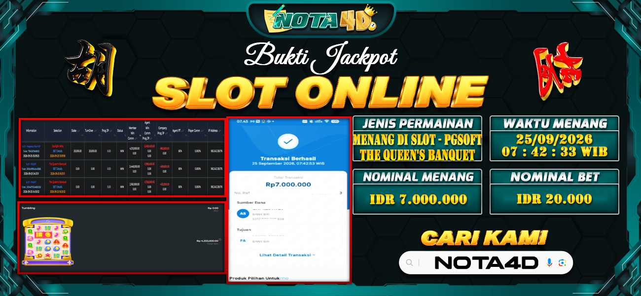 Bukti Kemenangan Besar Dibayar lunas Member NOTA4D RP 7.000.000, 26 September 2026