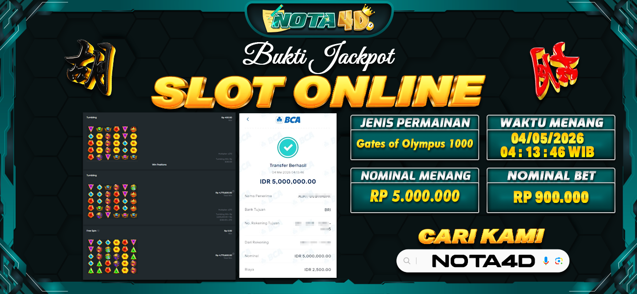 Bukti Kemenangan Besar Dibayar lunas Member NOTA4D RP 5.000.000, 4 Mei 2026